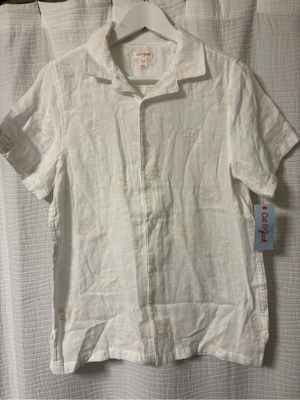 Cat & Jack Men's White Short-Sleeve Embroidered Button-Down Shirt